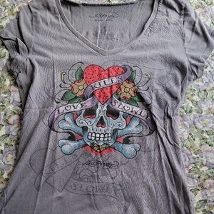 Ed Hardy Gray Skull Graphic Women's Top